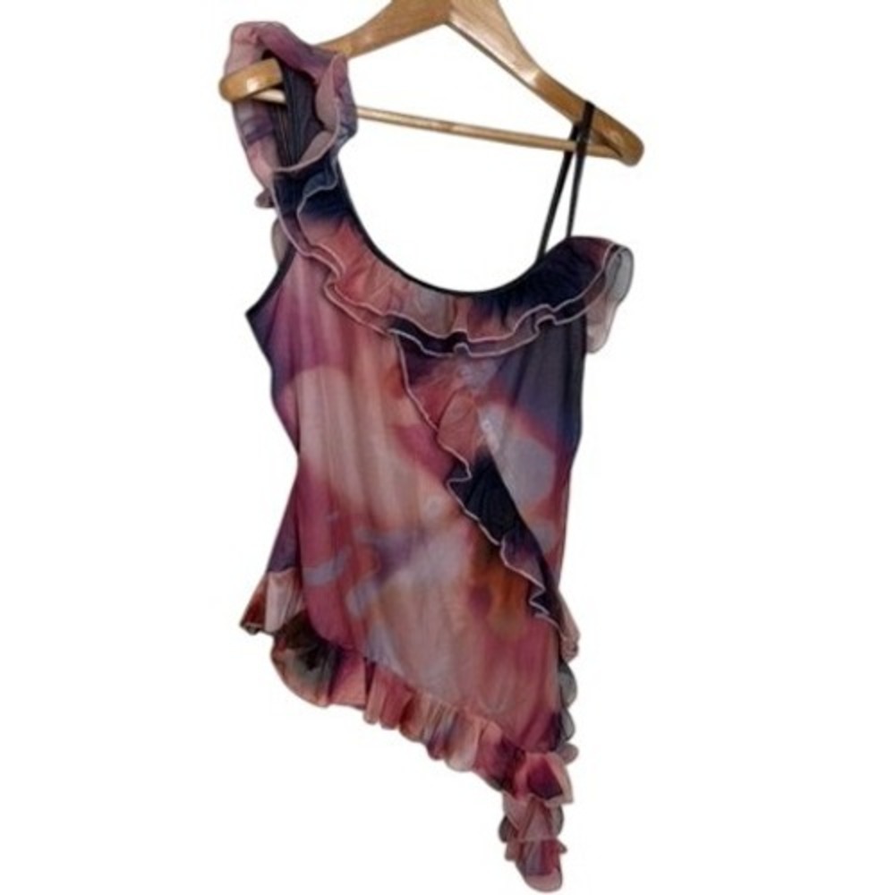 Fashion Nova Sheer Mesh One Shoulder Ruffle Top Pink Purple Watercolor Large